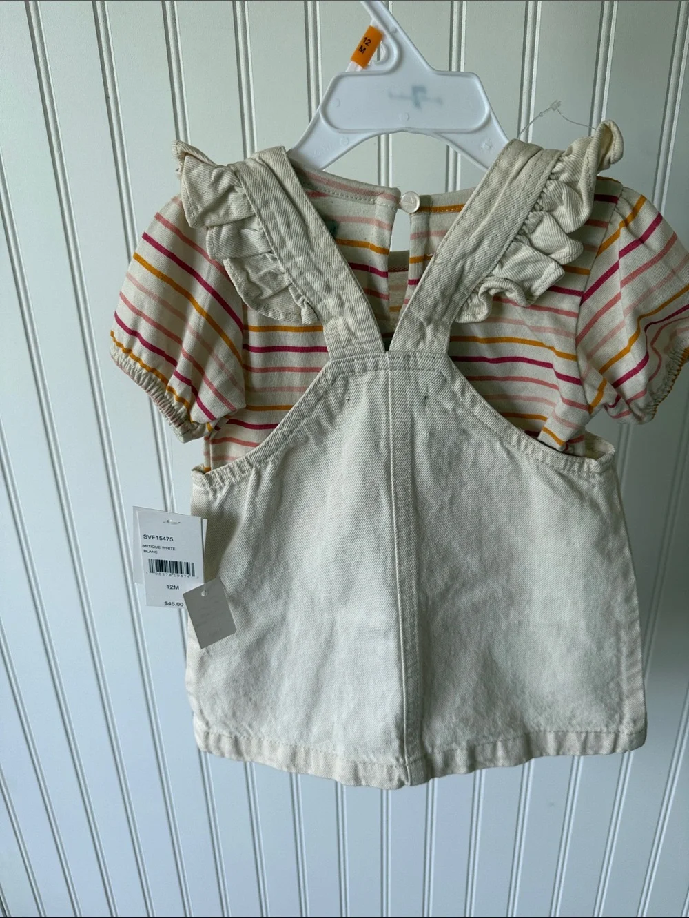 7 For All Mankind Cream Embroidered Overalls with Striped Tee 12 Month